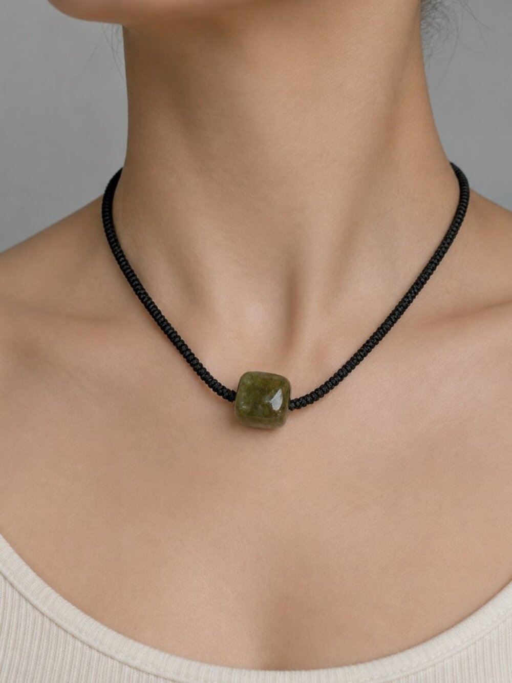 Natural Nephrite Jade Cylinder Barrel Pendant Cord Necklace
